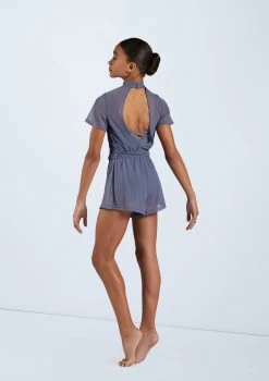 Weissman Mock Neck Power Mesh Romper -Dance Clothing Store SM11785 slateblue 6470 17703.1678891654