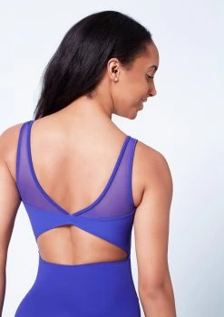 Mirella Open Back Chevron Rib Panel Leotard -Dance Clothing Store mim3107lm blue close up back 45409.1679927450